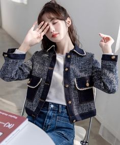 Blue Collared Tweed Denim Jacket XL Pink Corduroy Jacket, Fashion Chingu, Denim Jacket Fashion, White Blazer, Herringbone Pattern, Corduroy Jacket, Korean Outfits, Short Jacket, Green Jacket