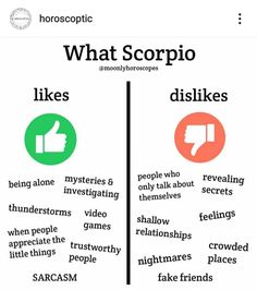 two different types of scorpios are shown in this graphic above the words, what scorpio likes