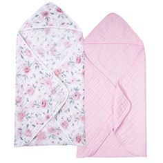 two baby swaddles, one pink and the other white with flowers on them