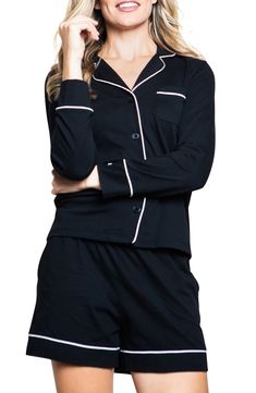 Feel cool and comfy in supersoft pima-cotton pajamas styled with notched lapels, smooth piping and a convenient chest pocket. Top has notched lapels; long sleeves 100% cotton Machine wash, dry flat Made in Peru Cotton Collared Sleepwear For Lounging, Collared Cotton Sleepwear For Lounging, Black Long Sleeve Cotton Sleepwear, Black Cotton Long Sleeve Sleepwear, Classic Long Sleeve Sleepwear For Lounging, Classic Cotton Sleepwear With Long Sleeves, Classic Cotton Long Sleeve Sleepwear, Classic Long Sleeve Cotton Sleepwear, Classic Long Sleeve Relaxed Fit Sleepwear