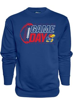 Team Spirit Logo Print Sweatshirt For Game Day, Team Spirit Sweatshirt With Logo Print For Game Day, Blue Fan Apparel Sweatshirt For Sports Season, Blue School Spirit Sweatshirt For Fans, Blue Sweatshirt For School Spirit, Blue Team Name Sweatshirt For Sports Season, Blue Sweatshirt With Team Name For Sports Season, College Team Name Blue Sweatshirt, Collegiate Blue Pre-shrunk Sweatshirt