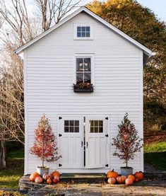 a white house with two windows and three potted plants