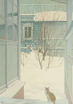 a painting of a cat sitting in the snow looking out an open window at another building