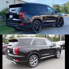 two pictures of the back and side view of a black suv with chrome rims