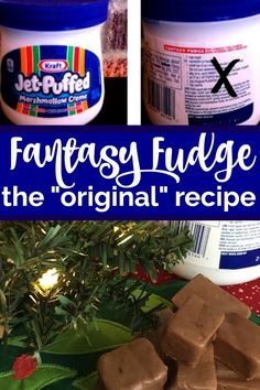 two pictures with peanut butter and the words fantasy fudge on it in front of them