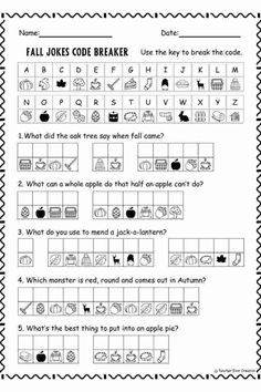 the worksheet for fall jokes code breaker is shown in black and white