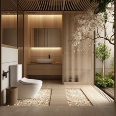 a modern bathroom with wood paneling and white toilet in the center, surrounded by trees