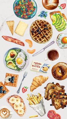 a painting of breakfast food on a marble counter top, including waffles, eggs, fruit, and vegetables