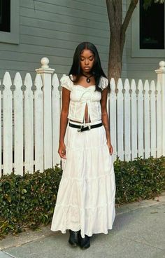 Tired Long Skirt Outfit, All White 70s Outfit, Free People Maxi Skirt, White Maxi Skirt Winter Outfit, Fall Outfit For Hot Weather, White Layered Skirt Outfit, White Long Skirt Outfit Winter, White Tiered Maxi Skirt Outfit, Long White Skirt Outfit Fall