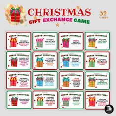 christmas gift exchange game for kids with presents and gifts on the front, in green and red