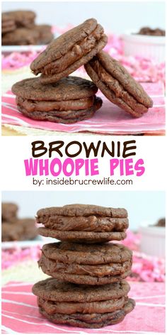 chocolate cookies stacked on top of each other with the words brownie whoope pies