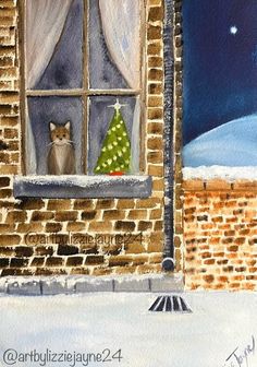 a painting of a cat sitting in a window sill looking out at the snow