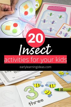 the words insect activities for your kids are shown in front of some pictures and pencils