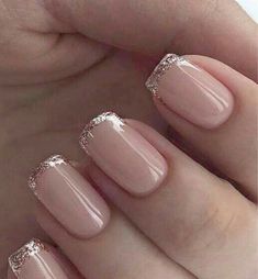 Cream Wedding Nails, Coral French Nails, Champagne Sparkle Nails, Champagne Pink Nails, Chrome And Glitter Nails, Nails Champagne, Gels Nail, Nails Cream, Elegance Nails