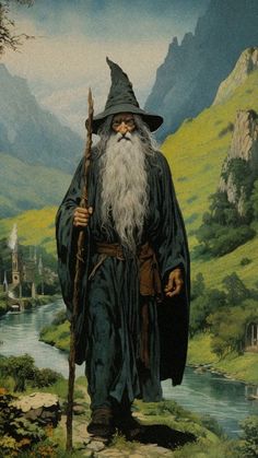 a painting of an old man with a long white beard holding a stick and wearing a hat