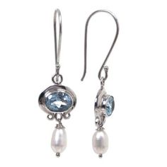 Cultured pearl and blue topaz dangle earrings, 'Sky Fantasy' - Blue Topaz and Pearl Silver Dangle Earrings Silver Teardrop Topaz Earrings, Silver Topaz Teardrop Earrings, Silver Blue Topaz Drop Earrings, Silver Topaz Dangle Earrings, Pierced Blue Topaz Dangle Jewelry, Elegant Nickel-free Blue Topaz Jewelry, Elegant Nickel-free Blue Topaz Earrings, Elegant Blue Topaz Nickel-free Earrings, Blue Topaz Teardrop Earrings For Anniversary