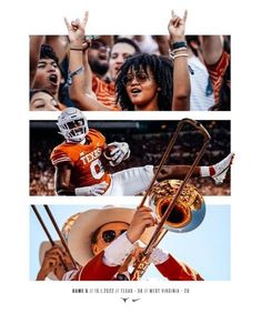 two pictures of people with their hands in the air, one holding a trombone and the other wearing an orange football uniform