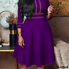 Olivia Mark - Elegant Plus Size Womens Dress: Contrast Binding Long Sleeve Stand Collar A-line Dress Plus Size Elegant Dresses, Elegant Plus Size, Plus Size Elegant, Plus Size Dress, Elegant Dress, Purple Dress, Olivia Mark, I Dress, Stand Collar