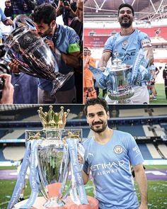 the man is posing with his trophy and other photos in front of him on the field