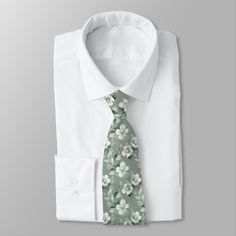 Sage Green White Floral Elegant Formal Wedding Neck Tie White Standard Tie For Wedding, Dapper White Ties For Groom, Dapper White Ties For Grooms, Dapper White Tie For Groom, Dapper White Suit And Standard Tie Accessories, Dapper Green Tie For Wedding, Floral Tie Wedding, Sage Green Tie, Sage Green Floral