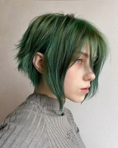 Tomboy Twintails Haircut, Tomboy Sidetails, Moss Green Hair, Green Hair Short, Green Hair Inspiration, Fairy Haircut, Green Short Hair, Best Haircuts For Women