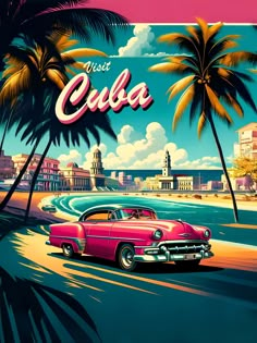 a pink car driving down a street next to palm trees and the words cuba on it