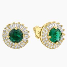 Step into a world of elegance with our Emerald Twilight Halo Stud Earrings, a harmonious fusion of distinctive shapes and mesmerizing sparkle. Carefully crafted in gold-plated sterling silver, these studs house a stunning green spinel at the center. This gem is surrounded by a uniquely designed halo, combining cubic zirconia baguettes on one half and a double row of round CZs on the other. Evoking the captivating allure of twilight, these earrings add an impressive touch of sophistication to any Elegant Round Cut Emerald Earrings, Green Round Diamond Earrings Fine Jewelry, Luxury Green Earrings With Prong Setting, Green Luxury Earrings With Prong Setting, Gold Emerald Earrings With Brilliant Cut, Green Diamond Earrings With Brilliant Cut, Luxury Green Emerald Earrings, Green Brilliant Cut Round Diamond Earrings, Green Halo Design Fine Jewelry Earrings