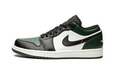 The Air Jordan 1 Low “Green Toe” is a timeless look for the vintage basketball shoe that mirrors the color block of the model’s original “Black Toe” colorway from 1985.  The “Green Toe” version of Michael Jordan’s first signature shoe in its low-top silhouette has a Noble Green-colored perforated toe that is contrasted with black leather on the forefoot and eyelets.  The look mimics the appearance of the Air Jordan 1 “Bred Toe. ” The mid-panel is constructed in white leather and the collar and heel appear in Noble Green leather.  A black Swoosh resides on either side of the shoe.  A white “Wings” logo is embroidered onto the heel and a gold Jumpman is found on the black nylon tongue.  Tonal “23” branding is located on the black lace overlay on top of the black laces.  A two-tone, white mid Air Jordan 1 Low Green, Jordan 1 Low Green, Jordan Ones, Vintage Basketball, White Wings, Air Jordan Sneakers, Wings Logo, Jordan Sneakers, Nike Dunk High