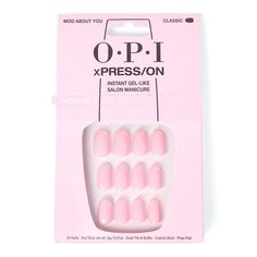 OPI's XPRESS/ON Nail Art Collection offers the highest professional quality press-on shades and nail art designs, for an instant gel-like salon manicure that lasts up to 14 days. features 14 days of wear Easy glue on application Reusable tips made with 94% PCR Packaging made with 100% PCR No need for LED/UV lamp Each set includes: nail glue, cuticle stick, dual nail file, buffer, OPI prep pad, 30 nails in different sizes Vegan how to use Fit Place each press-on over your natural nail to discover the right size, ensuring the number matches the tip of your natural nail Shape Tailor your nails to your liking by adjusting shapes and lengths with the Shape Up side of your file Prep Clip, file and lightly buff nails as needed Use Prep to xPress pad to remove dust Carefully push back the cuticles Mod About You Opi, Natural Nail Tips, Short Pink Nails, Punky Color, Best Press On Nails, Wella Color Charm, Nails Opi, Best Press, Nail Effects