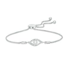 Beautifully designed, this diamond evil eye bolo bracelet brings shimmer and protection to the woman you love. Crafted in sterling silver, this twist style sparkles with diamonds. Radiant with 1/15 ct. t.w. of diamonds and a brilliant buffed luster, this easy-on wheat chain bracelet adjusts up to 9.0 inches in length and secures with a bolo clasp and ball ends. Modern White Gold Jewelry With Diamond Eyes, Adjustable Diamond White Bracelet Fine Jewelry, Adjustable Diamond White Bracelets In Fine Jewelry Style, Elegant Silver Bracelets With Diamond Eyes, Adjustable Diamond White Bracelet In Fine Jewelry Style, Adjustable Diamond Bracelet With Chain, Adjustable Diamond White Diamond Bracelet, Adjustable Fine Diamond Bracelet, Elegant Adjustable Jewelry With Diamond Eyes