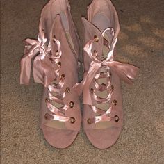 Brand New Never Used Feminine Pink Lace-up Heels, Pink High Heels With Bow, Pink Lace-up Heels For Party, Pink Lace-up Heels For Spring, Pink 4-inch Heel Lace-up Heels, Pink Lace-up Heels With 4-inch Heel, Just Fab Shoes, Justfab Shoes, Gladiator Sandals