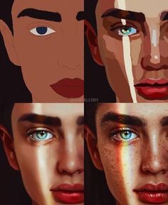 four different images of people's faces with their eyes painted red, white and blue