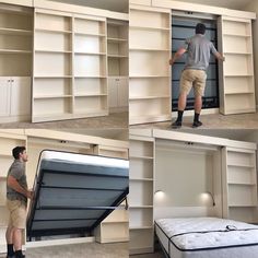 the man is trying to fit his mattress in the closet and put it into the bookcase