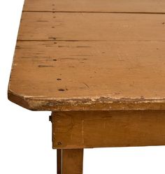 an old wooden table with no one sitting at the top or standing in front of it