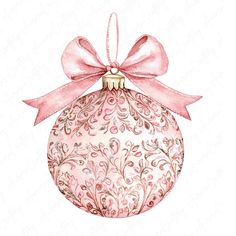 a watercolor christmas ornament with a pink bow on it's side