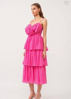 tiered midi dress with pleated bow Pretty In Pink Dress, Pink Games, Cocktail Dress Formal, Tiered Midi Dress, Pleated Midi Dress, Romper Pants, Bridal Collection, Pretty In Pink, Pink Dress