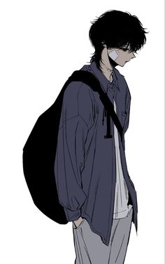 an anime character with a backpack on his back, looking down at the ground while standing in front of a white background