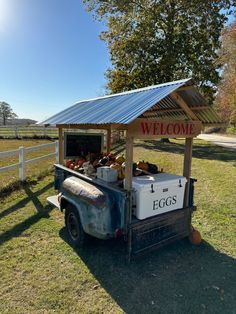 an old truck is selling eggs on the farm