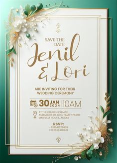 save the date wedding card with flowers and leaves on it in gold, green and white