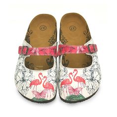 White & Pink Flamingo Clogs Spring Clogs With Textured Footbed, Spring Slip-on Non-slip Clogs, Spring Non-slip Slip-on Clogs, Spring Non-slip Flat Heel Clogs, White Flat Clogs For Spring, Spring Non-slip Round Toe Mules, White Mules With Rubber Sole For Beach, Casual Multicolor Round Toe Mules, White Spring Clogs With Flat Heel