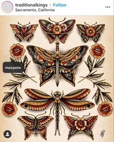 an artistic drawing of butterflies and flowers