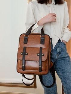 Brown Fashionable   PU Leather Plain Classic Backpack Embellished   Women Bags Chic Minimalista, Leather School Bag, Chic Backpack, Minimalist Backpack, Flap Backpack, Personalized Backpack, Backpack For Women, Women Leather Backpack, Elegant Bags