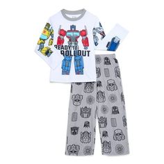 Ready to roll out to bedtime in this 2-piece pajama set from Transformers! This 2-piece pajama set includes a long sleeve sleep top and a pair of sleep pants. The long sleeve top features a crew neckline and a large Transformers graphic print on the front and on the sleeves. The sleep pants feature an elastic waistband and are on pull-on style for easy wear and removal. The sleep pants also include an all over Transformers print. The top is made of a soft polyester jersey and the pants are made Sleep Pants, Kids Clothes Boys, Boys Pajamas, Sleep Set, Lounge Shorts, Boys Long Sleeve, Pajama Shorts, White Outfits, Lounge Pants