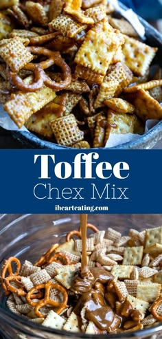 toffee chex mix is being poured into a bowl