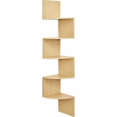 the corner shelf is made out of wood and has three shelves on each side, one with