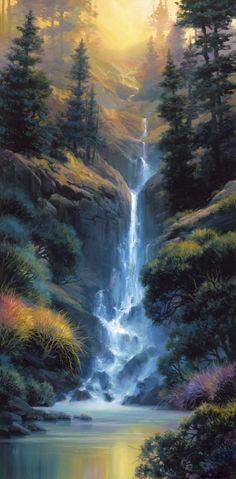 a painting of a waterfall surrounded by trees and water with the sun shining down on it