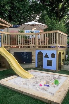 stunning play area Outdoor Play Area, Backyard Deck, Kids Play Area, Sandbox, Garden Cottage, Play Area, Outdoor Play, Outdoor Projects