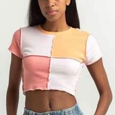 Nwt - Rsq Blocked Exposed Seamtee. Solid Blocked Top. Exposed Seams. Short Sleeves. 50% Cotton 50% Polyester. Size Small Model Is Wearing A Size Small. Model Measurements: Height: 5’7” Bust: 32” Waist: 23” Hips: 32” Pink Patchwork T-shirt For Summer, Short Sleeve Patchwork Top In Contrasting Colors, Contrast Patchwork Short Sleeve Top, White T-shirt With Contrast Color For Spring, Summer Color Block T-shirt, Fitted White Patchwork Tops, White Patchwork Tops For Spring, Fitted Multicolor Contrast Top, Fitted Multicolor Contrast Color Top