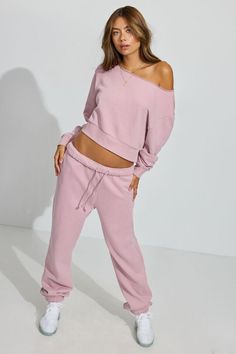 SoftTerry Off Shoulder Sweatshirt, Mauve Shadows Oversized Off-shoulder Loungewear Top, Casual Loungewear Tops With Elastic Cuffs, Casual Oversized Tops With Elastic Cuffs, Casual Tops With Elastic Cuffs And Loose Fit, Spring Leisure Tops With Ribbed Cuffs, Casual Drop Shoulder Lounging Top, Casual Tops For Lounging With Ribbed Cuffs, Oversized Off-shoulder Cotton Top, Pink Ribbed Collar Tops For Loungewear