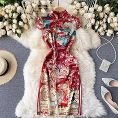 Stand Neck, Printed Bodycon Dress, Chinese Dress, Cheongsam, Unique Print, Chinese Style, Dress Materials, Unique Fashion, Gowns Dresses